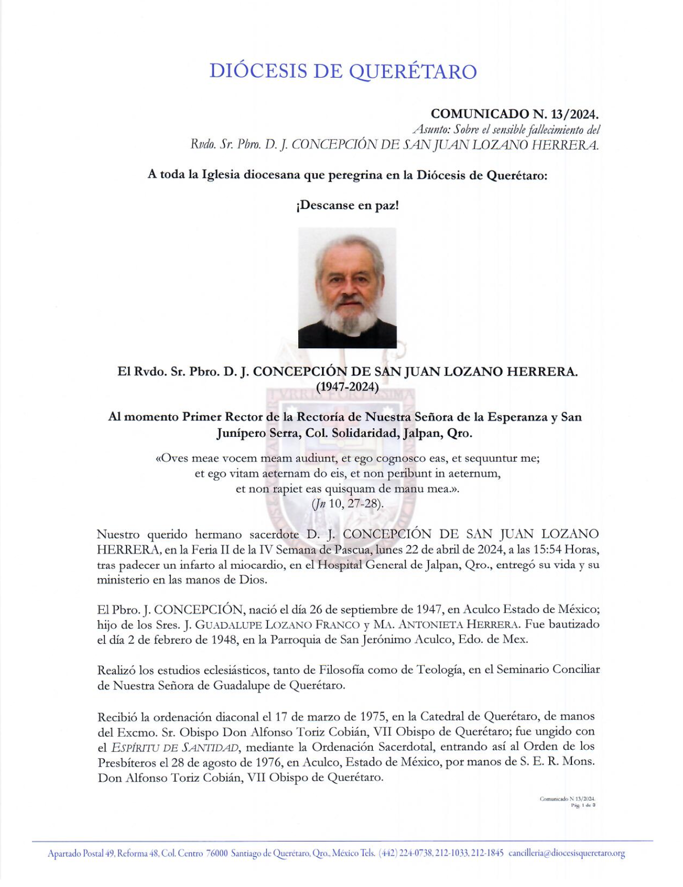 Comunicado N. 13/2024. Asunto: Sobre el sensible fallecimiento del Rudo. Sr. Phro. D. J. CONCEPCIÓN DE SAN JUAN LOZANO HERRERA. 1